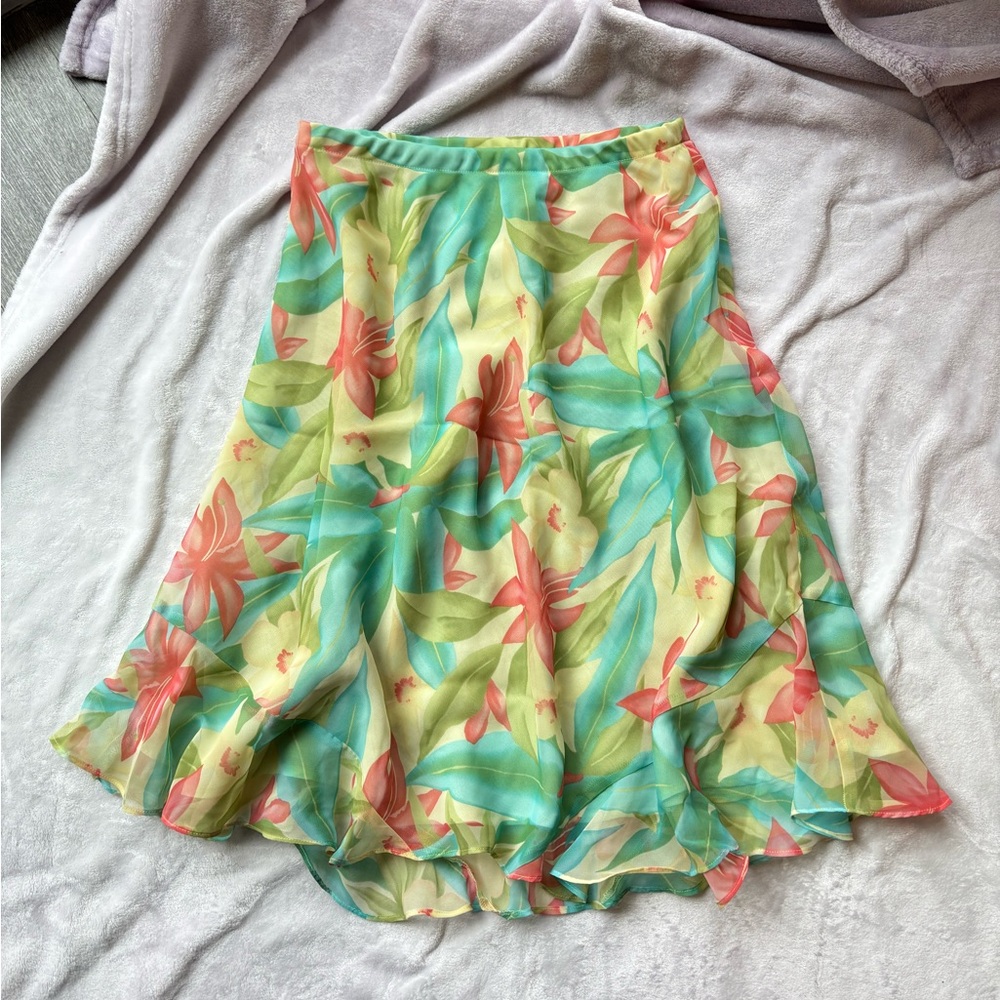 vintage Notations blue green yellow orange floral tropical midi skirt